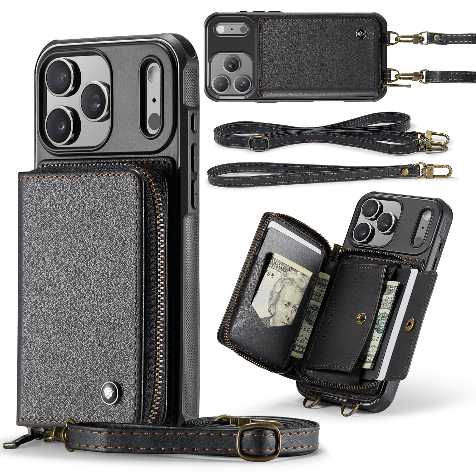 Dteck - Crossbody Zipper Wallet Case for Apple iPhone 17 Pro, RFID Blocking PU Leather Card Slots Wrist Strap Lanyard Cover - Black price history on PriceWatchPro