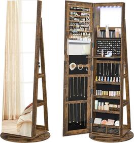 Songmics Home - SONGMICS 6 LEDs Lockable Swivel Jewelry Cabinet with Full-Length Mirror - Rustic Brown