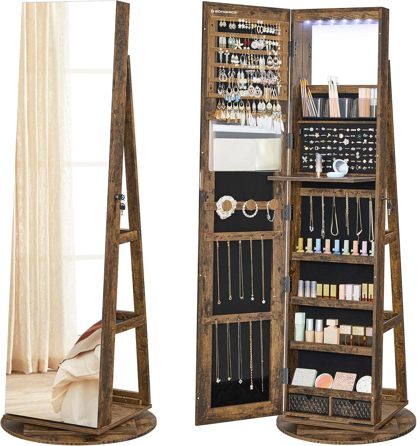 Front. Songmics Home - SONGMICS 6 LEDs Lockable Swivel Jewelry Cabinet with Full-Length Mirror, Rustic Brown - Rustic Brown.