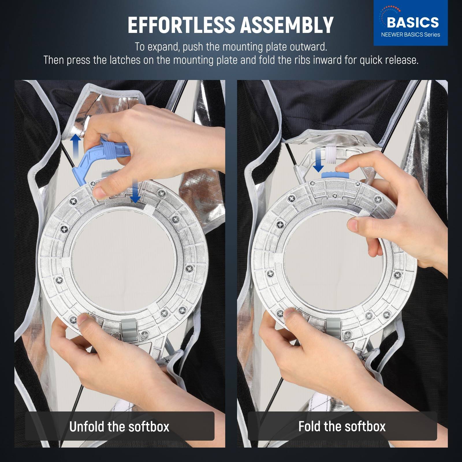 EFFORTLESS ASSEMBLY  
To expand, push the mounting plate outward. Then press the latches on the mounting plate and fold the ribs inward for quick release.  

NEEWER BASICS Series  

Unfold the softbox  
Fold the softbox