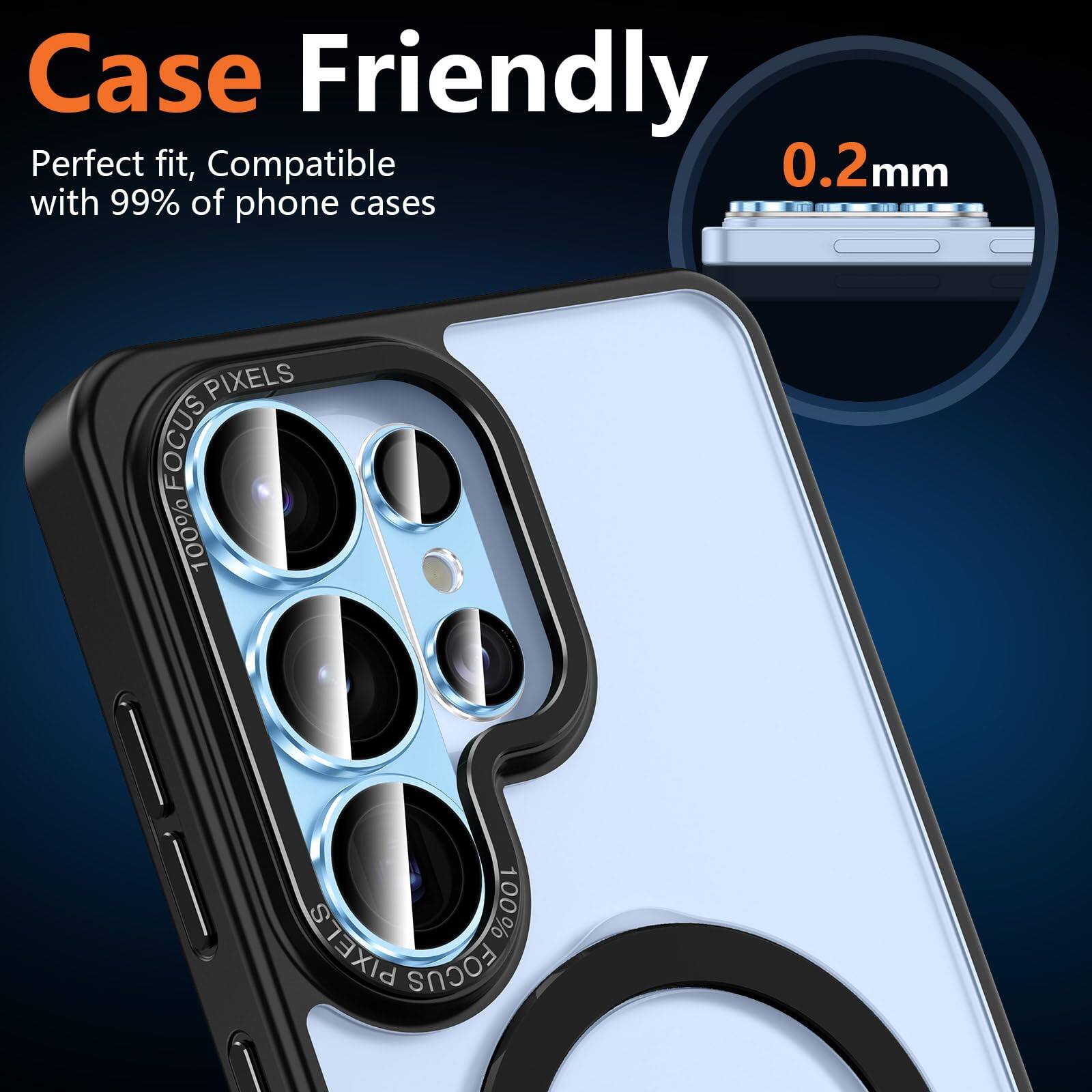 Case Friendly  
Perfect fit, Compatible with 99% of phone cases  
0.2mm  
100% PIXELS FOCUS
