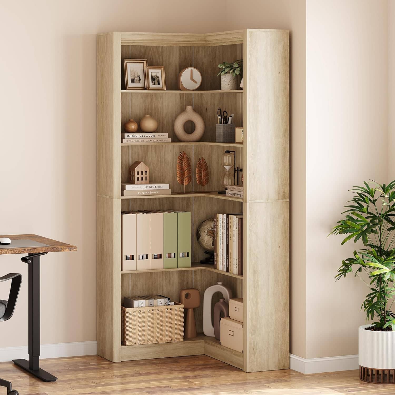 Babevy - 71.8" Tall Farmhouse L-Shaped Corner Bookcase, 5-Tier Heavy-Duty MDF, Natural Wood Organizer for Home Office - Oak