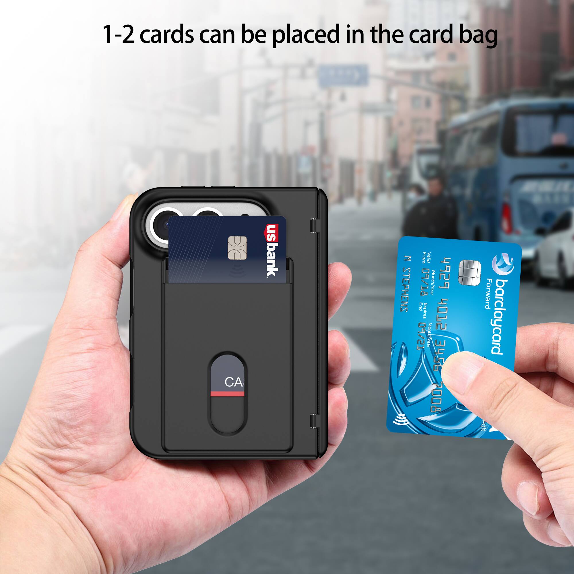 1-2 cards can be placed in the card bag

US Bank

W STEPHENS

From Valid 09/18 Month/Year 4929 End Expires 09/21 Month/Year 4012 3456 7008

Forward Barclaycard
