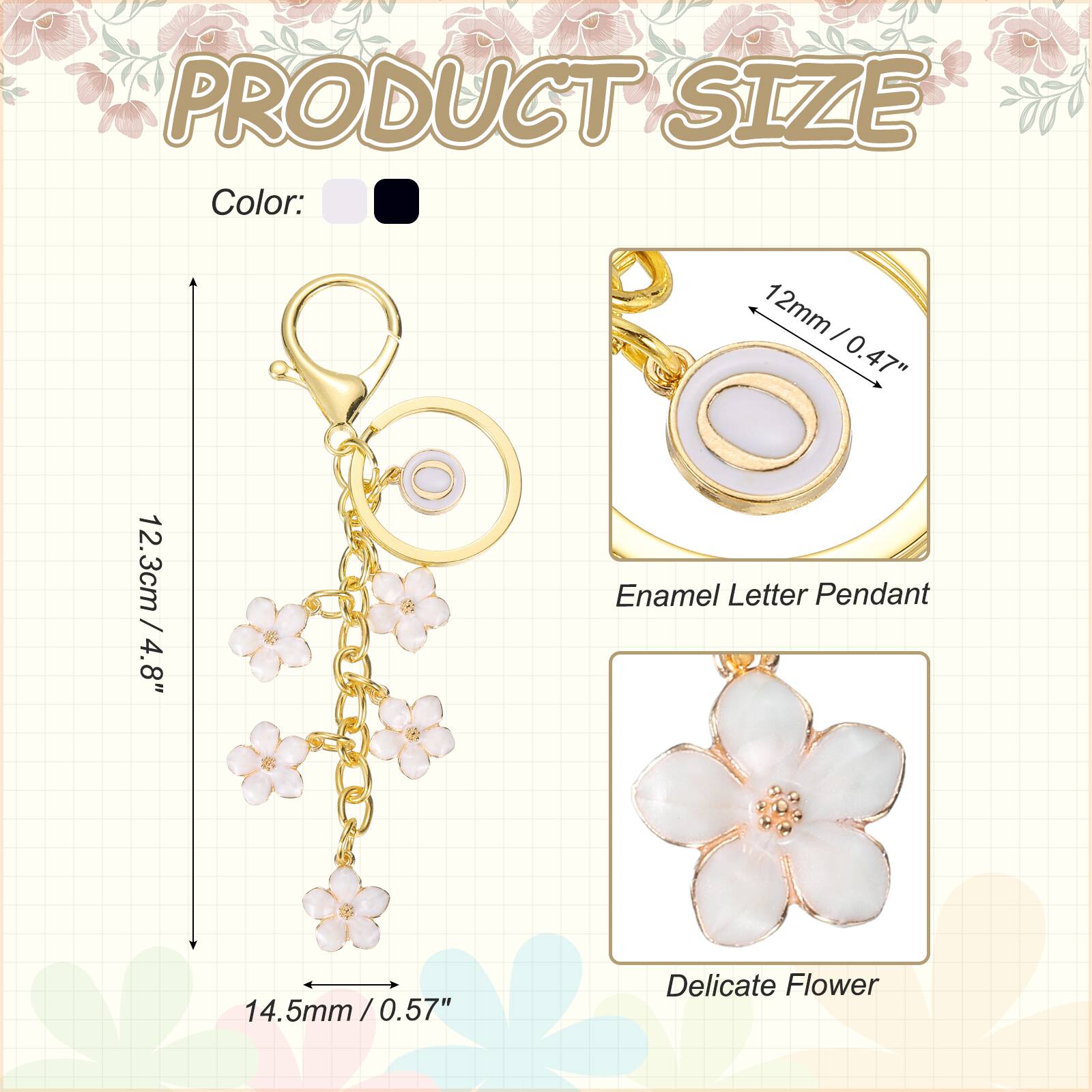 PRODUCT SIZE

Color: 12mm / 0.47"  
12.3cm / 4.8"  
14.5mm / 0.57"  

Enamel Letter Pendant  
Delicate Flower