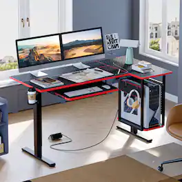 Bestier - 57" wide L-Shaped Adjustable Standing Desk with Keyboard Tray and Host Shelf - Black