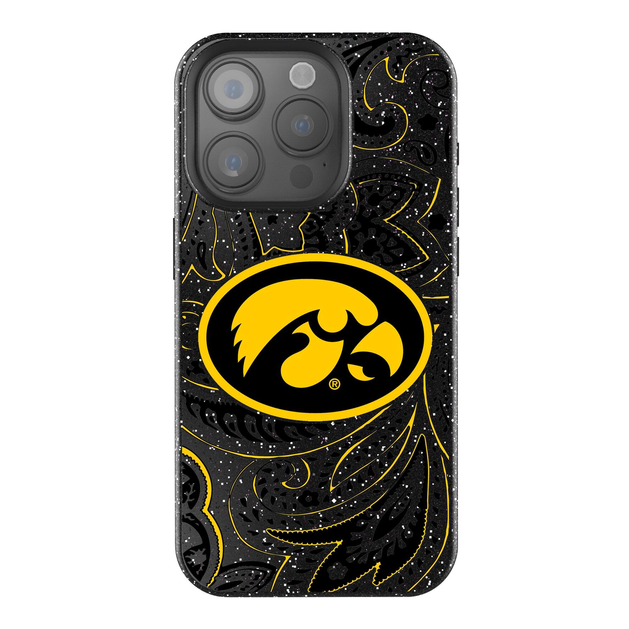 Front. Keyscaper - Iowa Hawkeyes Paisley Bling iPhone Case - 16 Pro Max - Black.