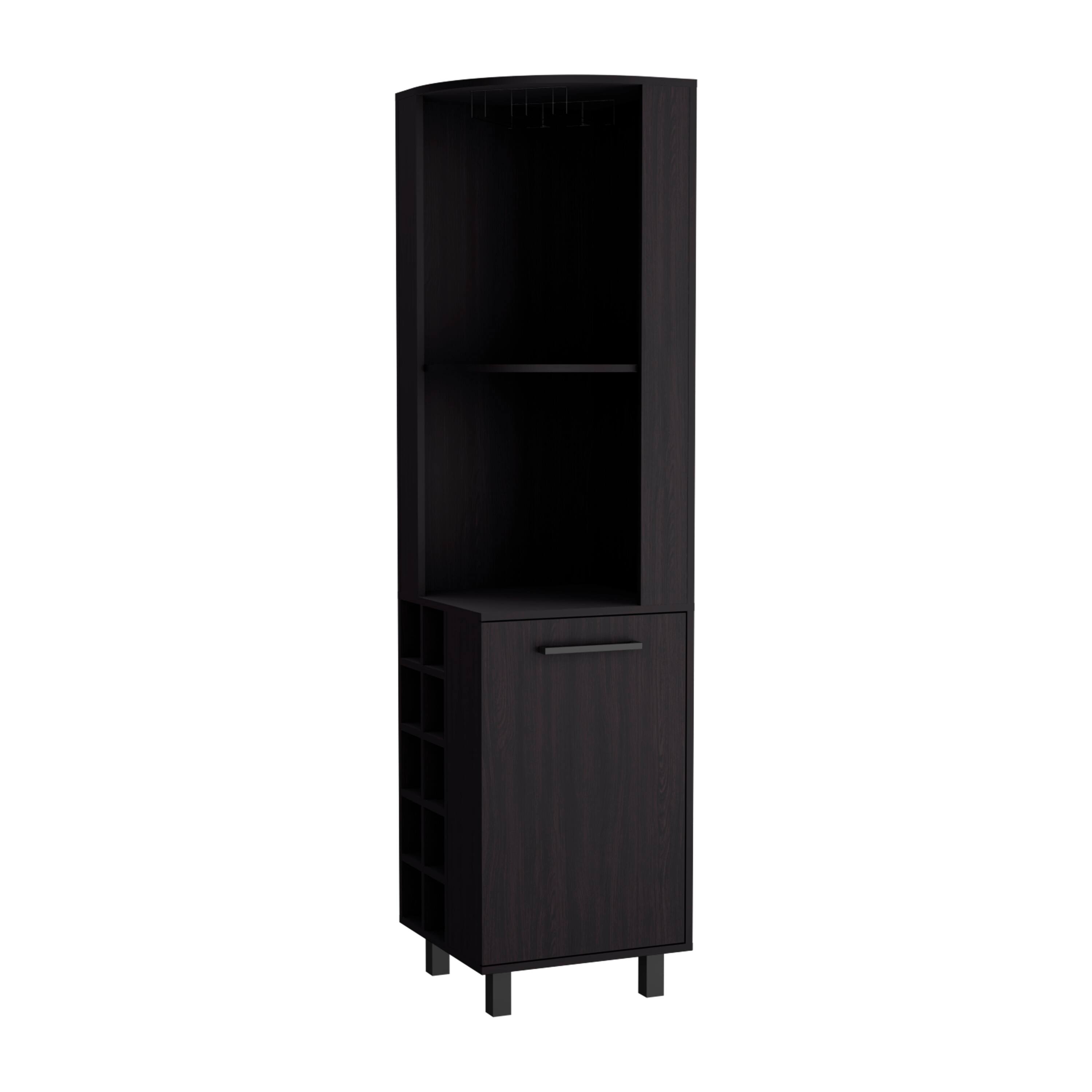 Front. TuHome - Kaia Tall Corner Bar Cabinet with Four Shelves, Ten Wine Bottle Cubbies and Stemware - Black.