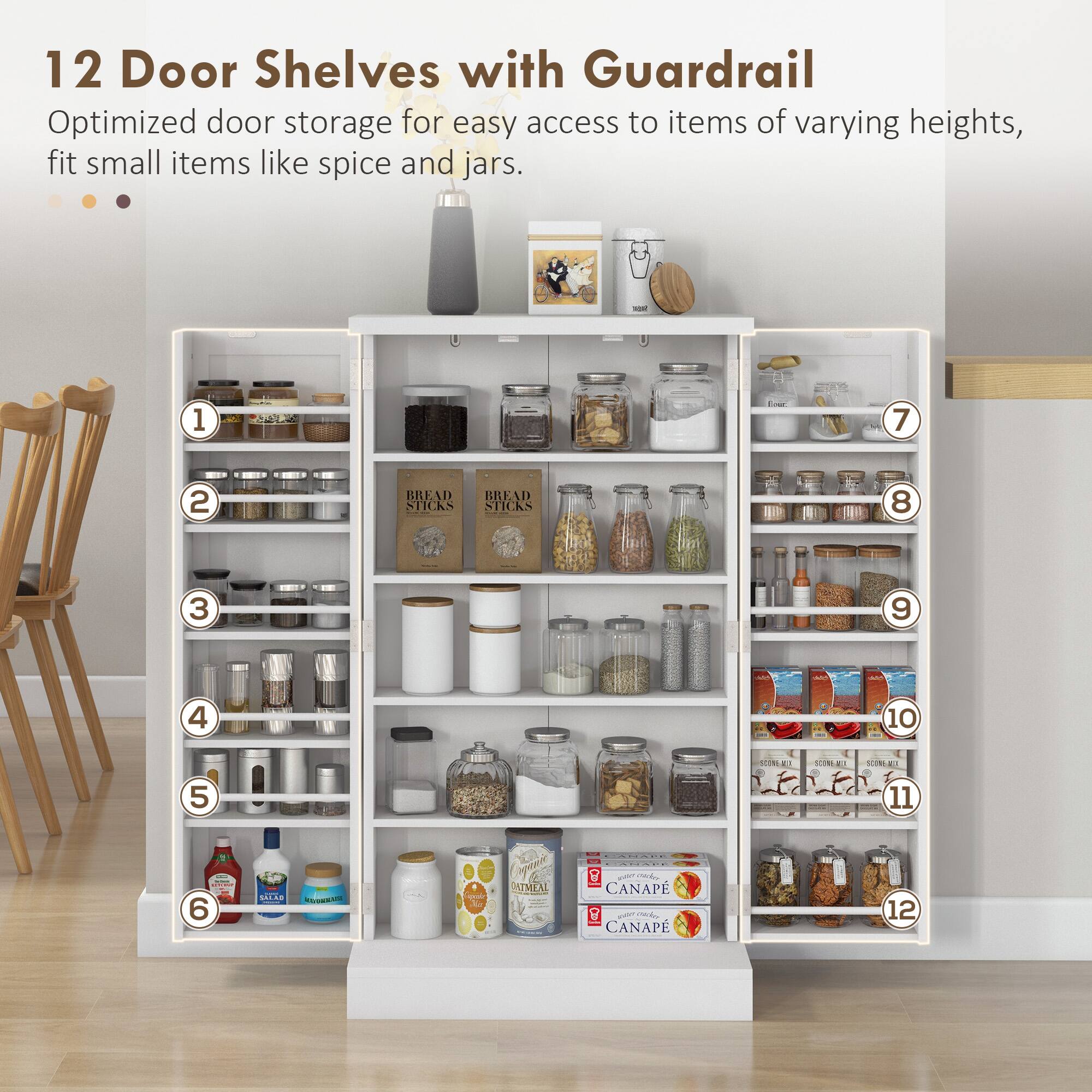 12 Door Shelves with Guardrail Optimized door storage for easy access to items of varying heights, fit small items like spice and jars. 1 2 BREAD STICKS BREAD STICKS 3 4 5 6 7 8 9 10 11 12 CANAPE CANAPE