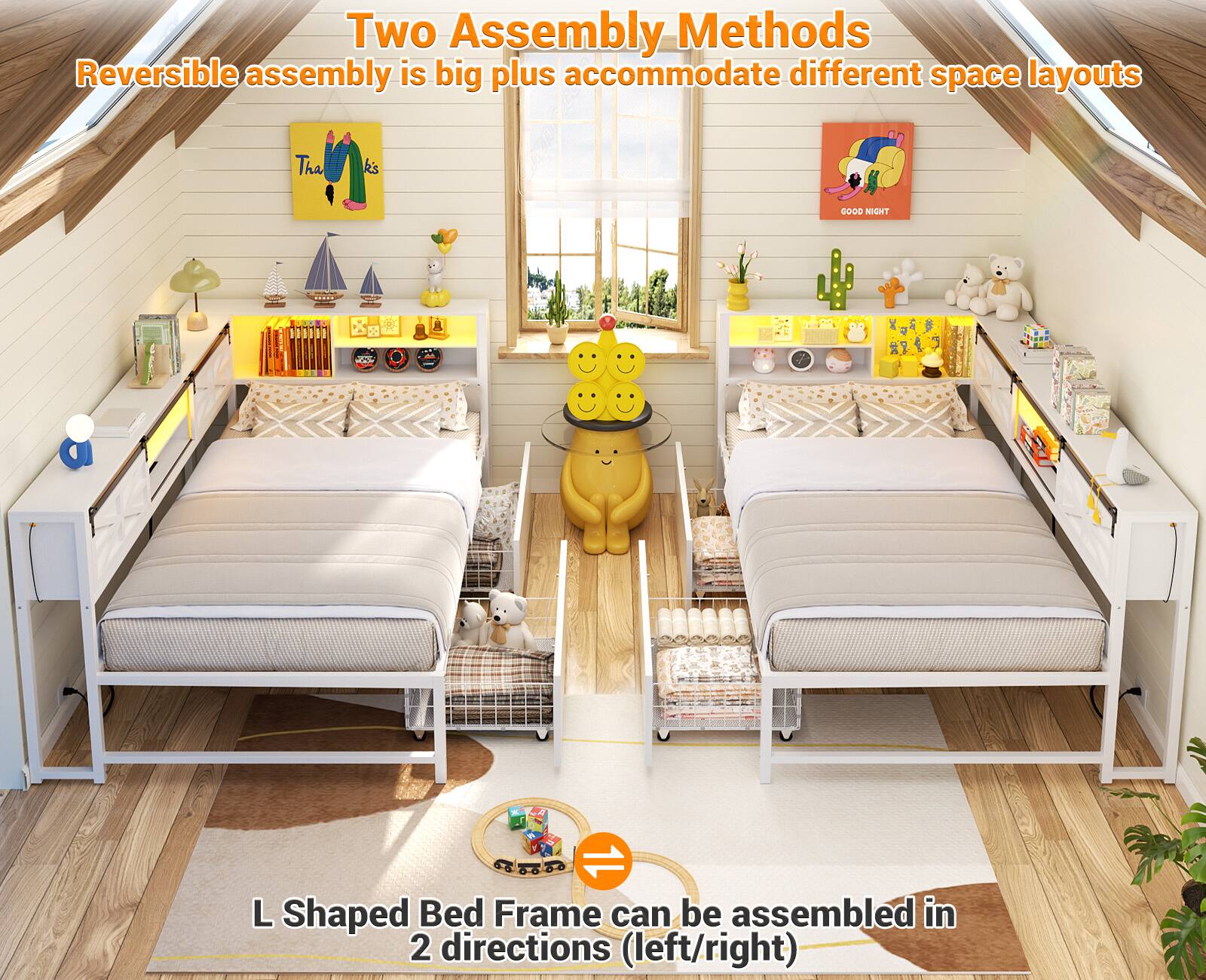 Two Assembly Methods  
Reversible assembly is a big plus to accommodate different space layouts  

L Shaped Bed Frame can be assembled in 2 directions (left/right)