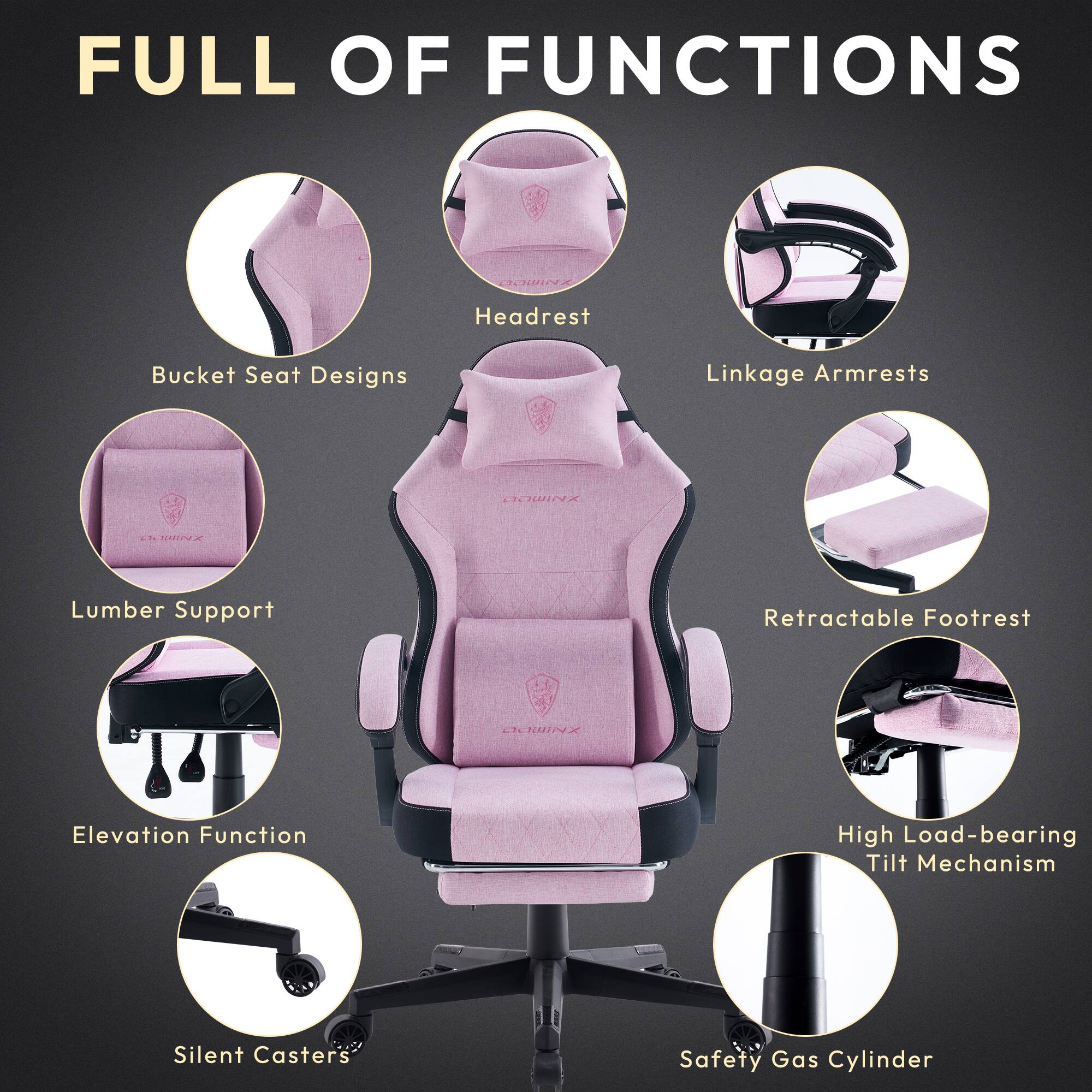 FULL OF FUNCTIONS

- Bucket Seat Designs
- Headrest
- Linkage Armrests
- Lumber Support
- Retractable Footrest
- Elevation Function
- High Load-bearing Tilt Mechanism
- Silent Casters
- Safety Gas Cylinder