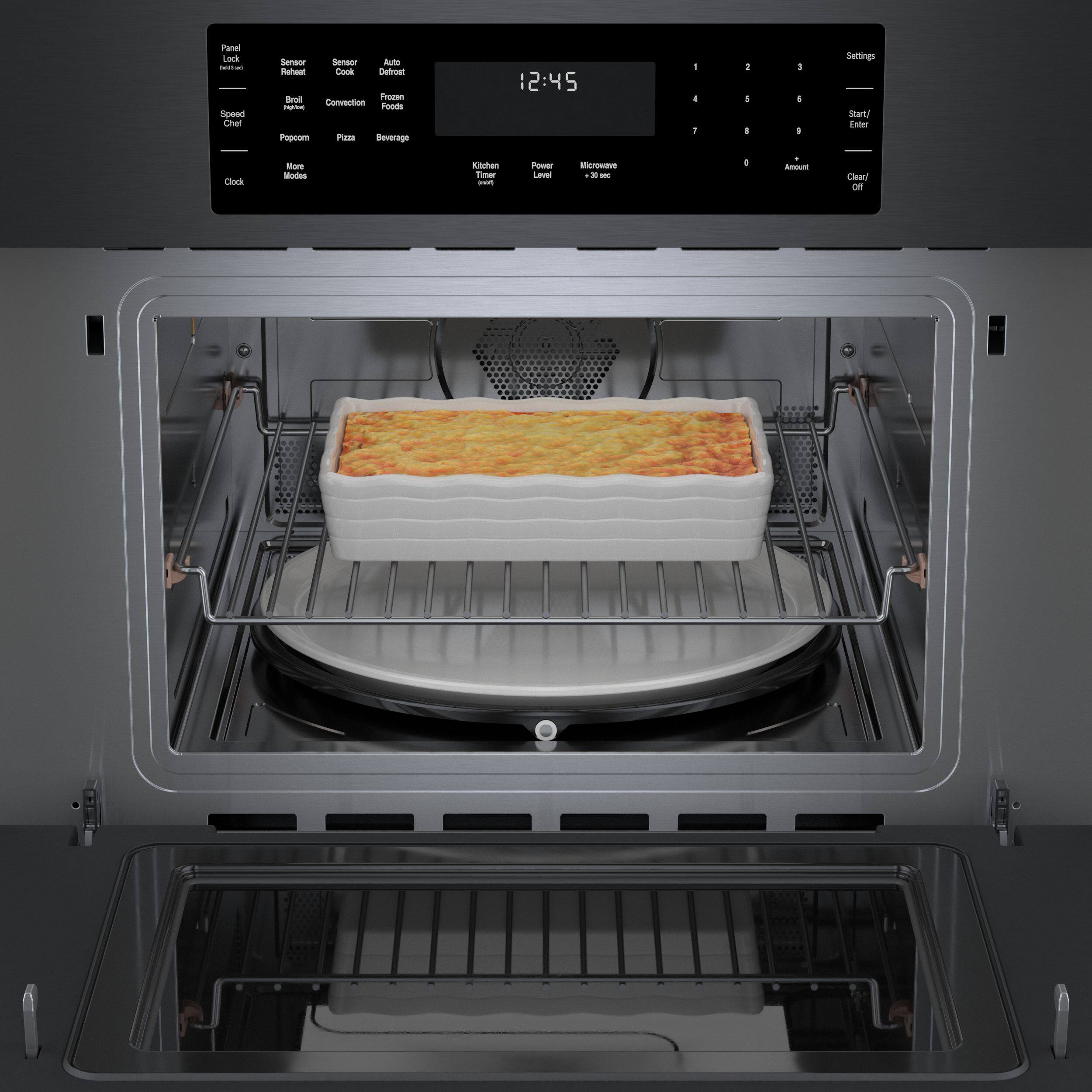 Panel Lock  
Sensor Lock  
Speed Chef  
Bread  
Popcorn  
Pizza  
Clock  

Sensor Chef  
Bake  
Cook  
Connection  
Frozen  
Foods  
Beverage  

Auto Defrost  
Kitchen Timer  
Power Level  
Microwave  
Amount  

Settings  
Start/Enter  
Clear/Off  

12:45