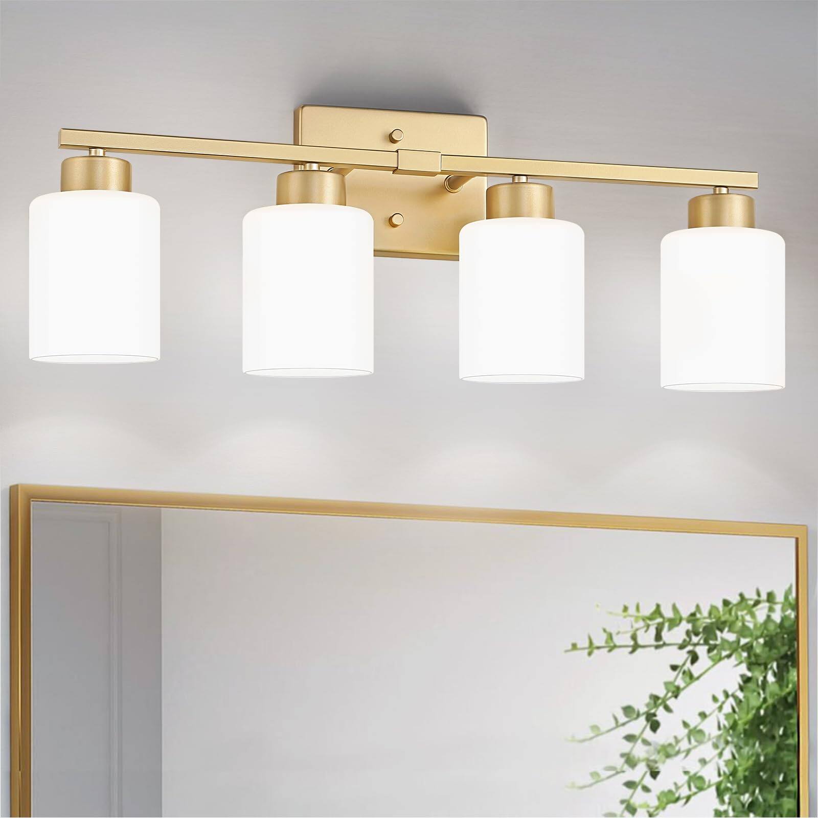 Front. Dazzling Pops - Bathroom Light Fixtures Modern Vanity Over Mirror Wall Sconces With Milky Frosted Glass Shades E Socket - Gold 4-Light.
