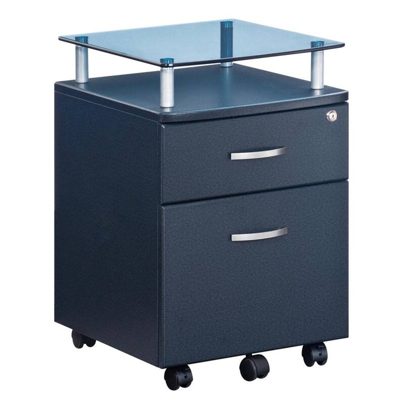 Alt View 4. HTUTWOO - Rolling File Cabinet with Glass Top - Locking MDF Filing Cabinet with 2 Drawers, Chrome Non-Marking Wheels - Dark Grey.