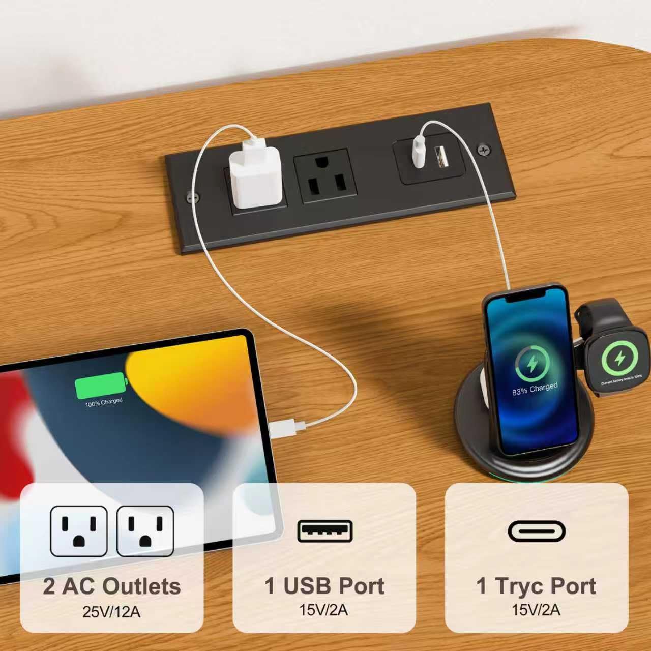 100% Charged  
83% Charged  

2 AC Outlets  
25V/12A  

1 USB Port  
15V/2A  

1 Tryc Port  
15V/2A