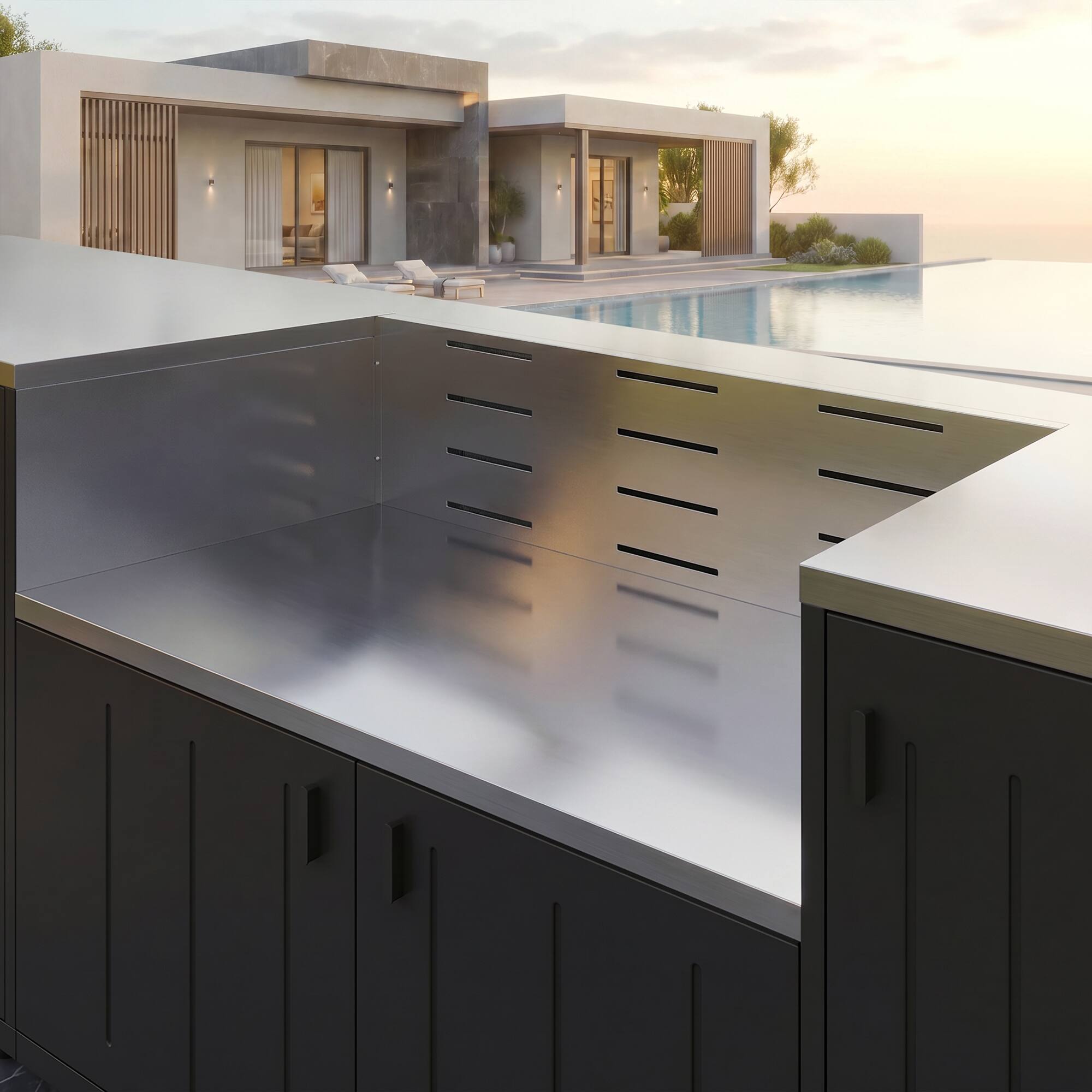 Alt View 6. Famapy - Modular L-Shaped Outdoor Kitchen Set with 304 SS Countertop, Grill Base & Sink Bar for Backyard Patio BBQ Storage.