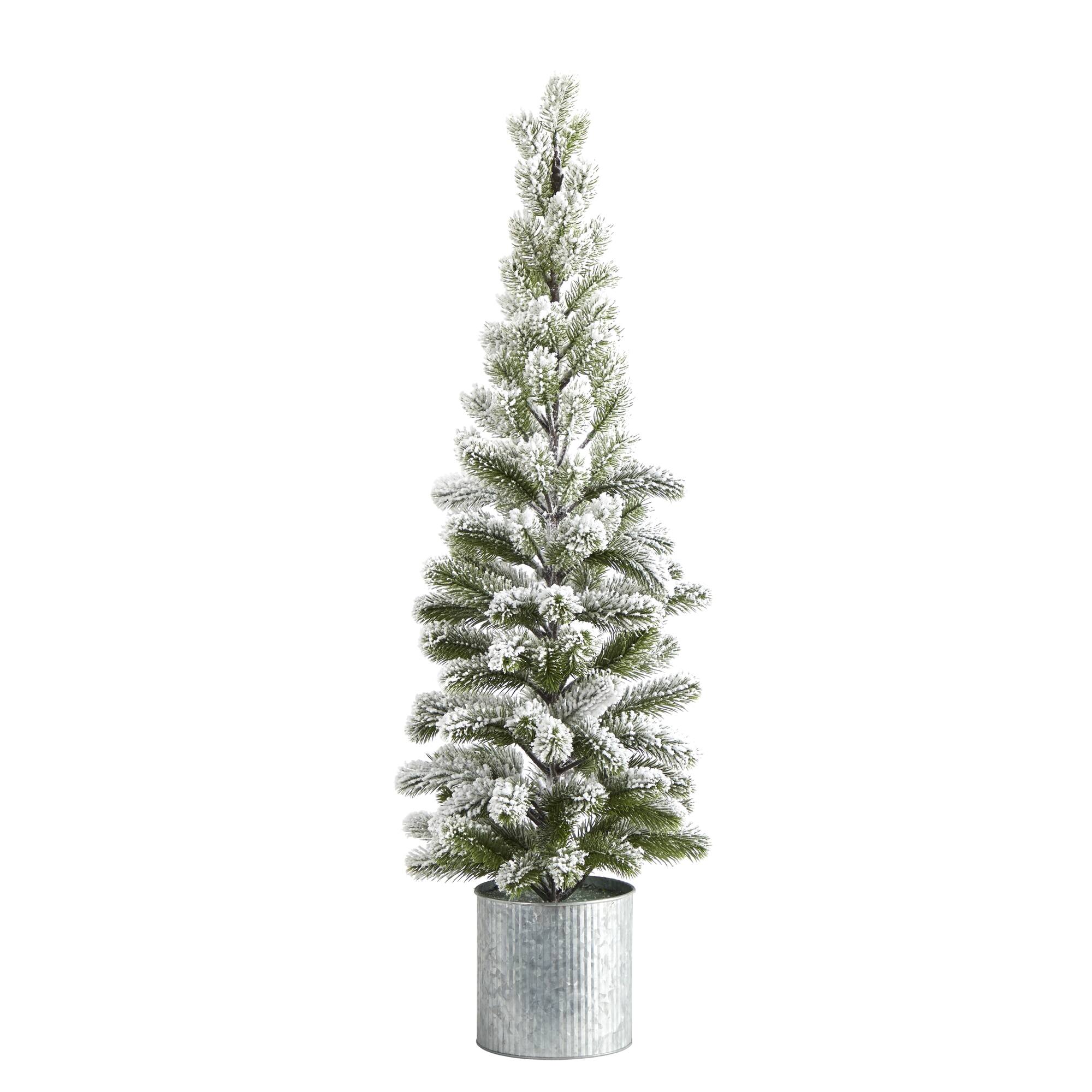 Front. BreeBe - 3’ Flocked Artificial Pine Tree in Tin Planter - White, Green.