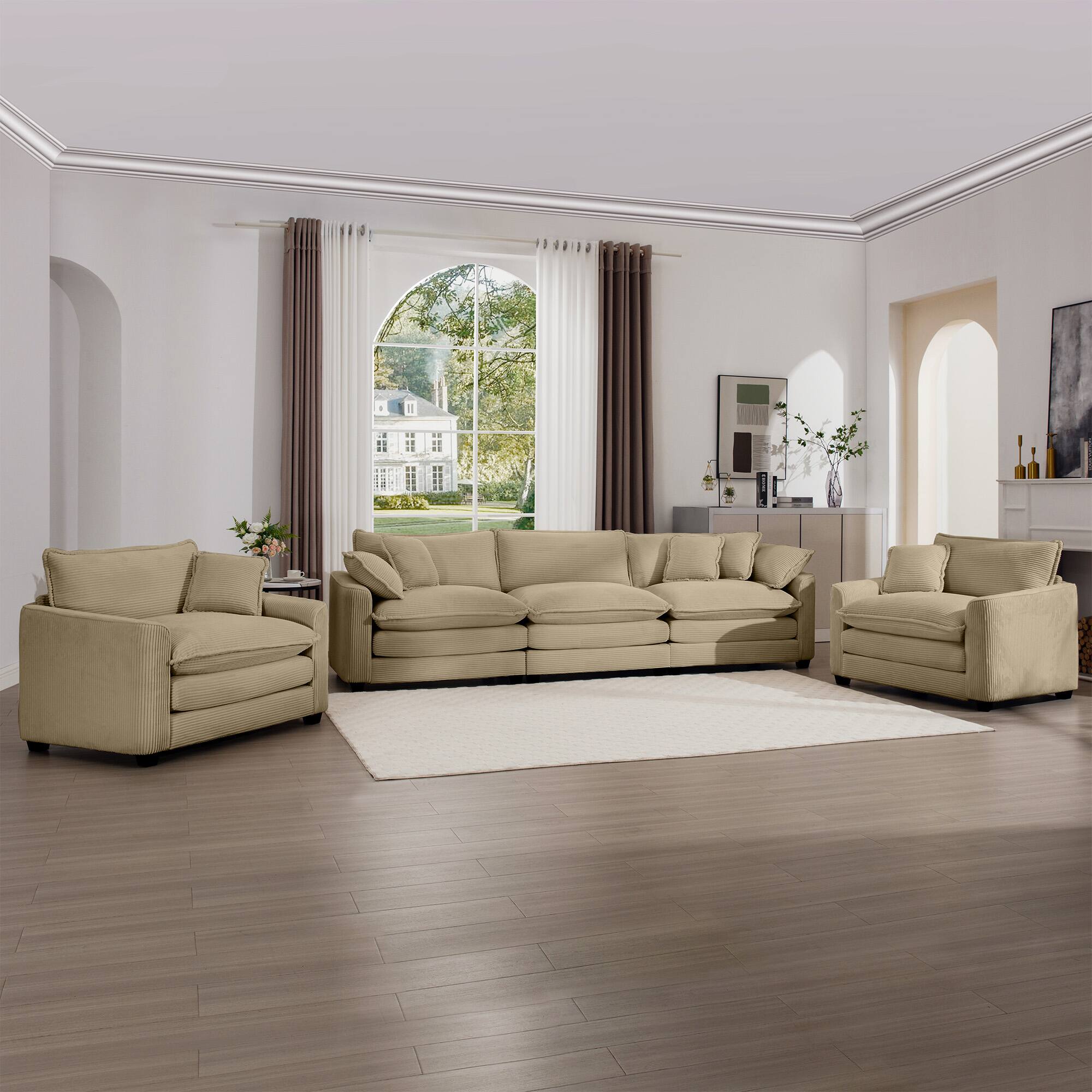 Angle. LOVMOR - 3 Seater Corduroy Sofa Set Easy Assembly Memory Foam For Living Room Bedroom Home Theater Soft Textured Lounge - Tan.