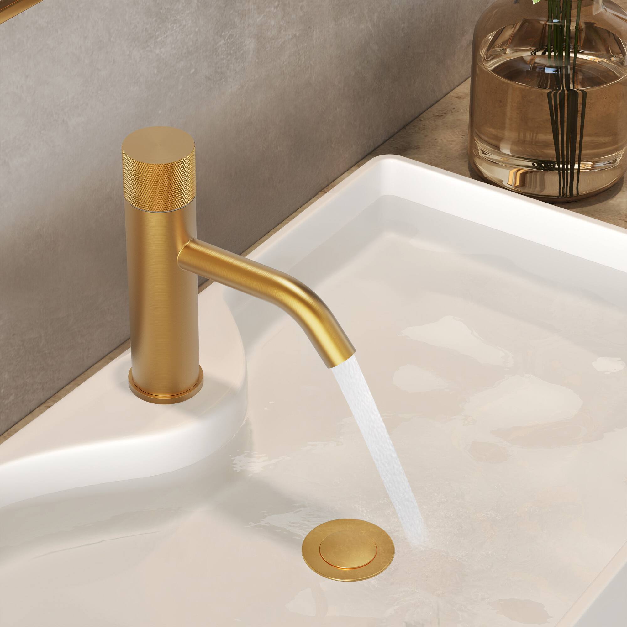 Alt View 7. GRANDJOY - Low-Arc Single Handle Bathroom Sink Faucet with Knurled Texture and Pop-Up Drain Assembly - Brushed Gold.