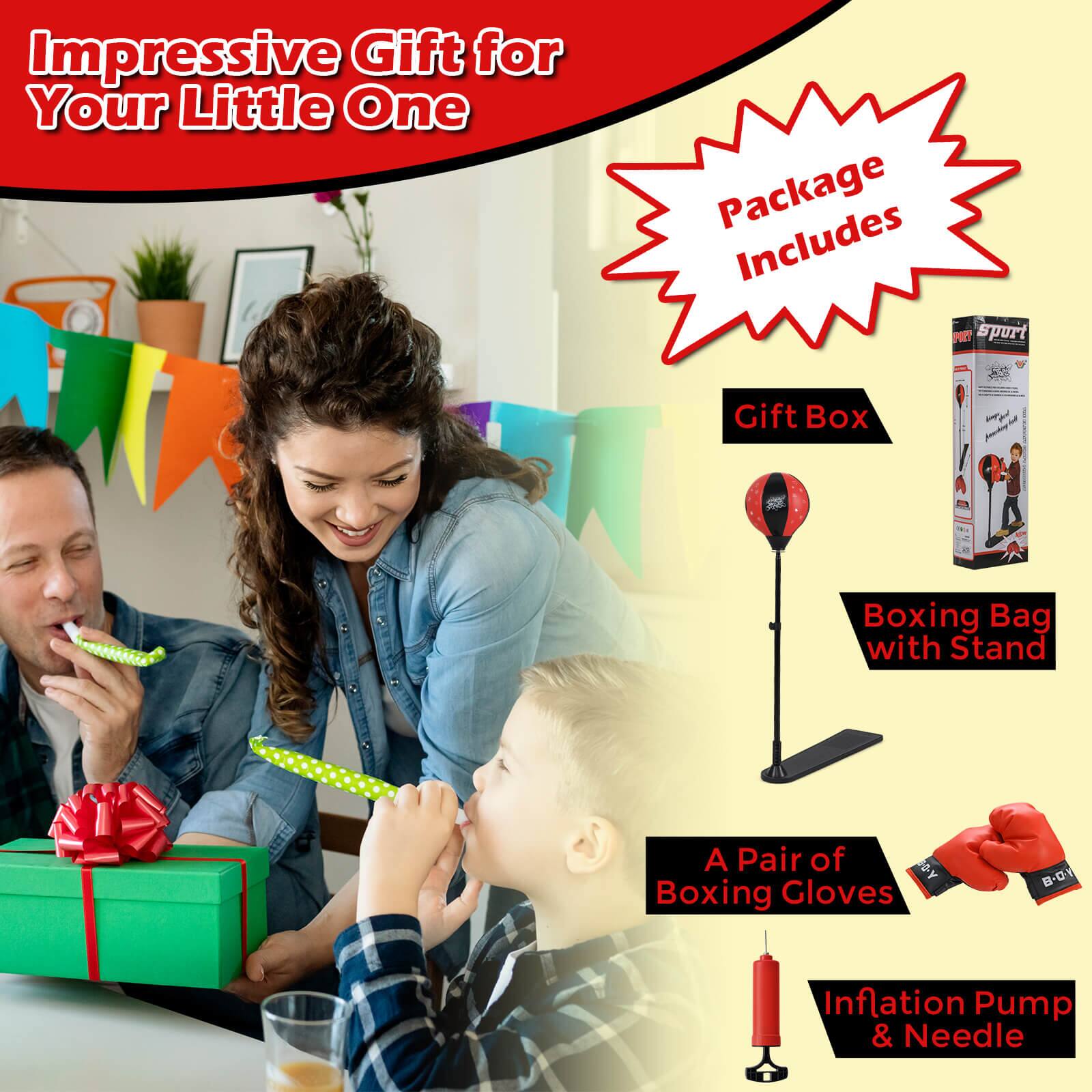 Impressive Gift for Your Little One

Package Includes

- Gift Box
- Boxing Bag with Stand
- A Pair of Boxing Gloves
- Inflation Pump & Needle