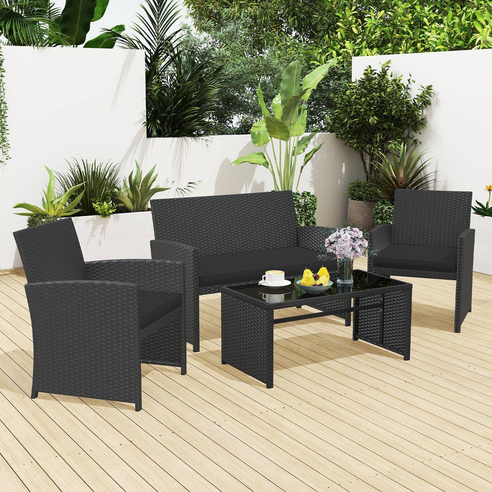Gymax - Set of 4 Patio Conversation Set w/Seat Cushions & Tempered Glass Tabletop Porch Outdoor - Black price history on PriceWatchPro
