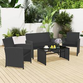Gymax - Set of 4 Patio Conversation Set w/Seat Cushions & Tempered Glass Tabletop Porch Outdoor - Black