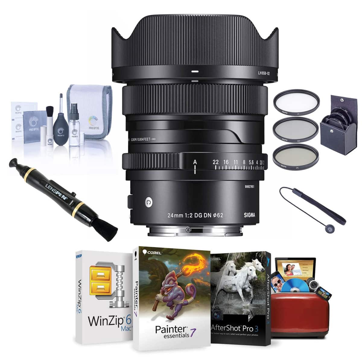 Sigma - 24mm f/2 DG DN Contemporary Lens for Sony E, Bundle with ProOptic 62mm Filter Kit, Mac Software Kit, Cleaning Kit,