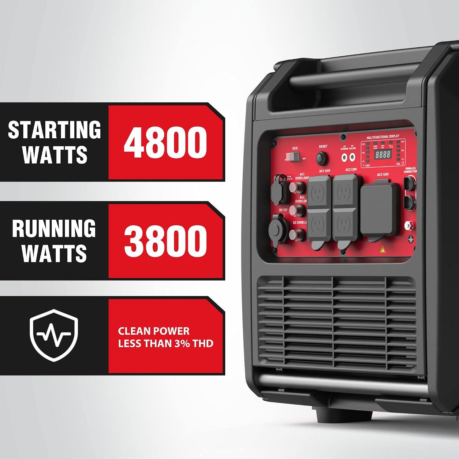STARTING WATTS 4800  
RUNNING WATTS 3800  
CLEAN POWER LESS THAN 3% THD