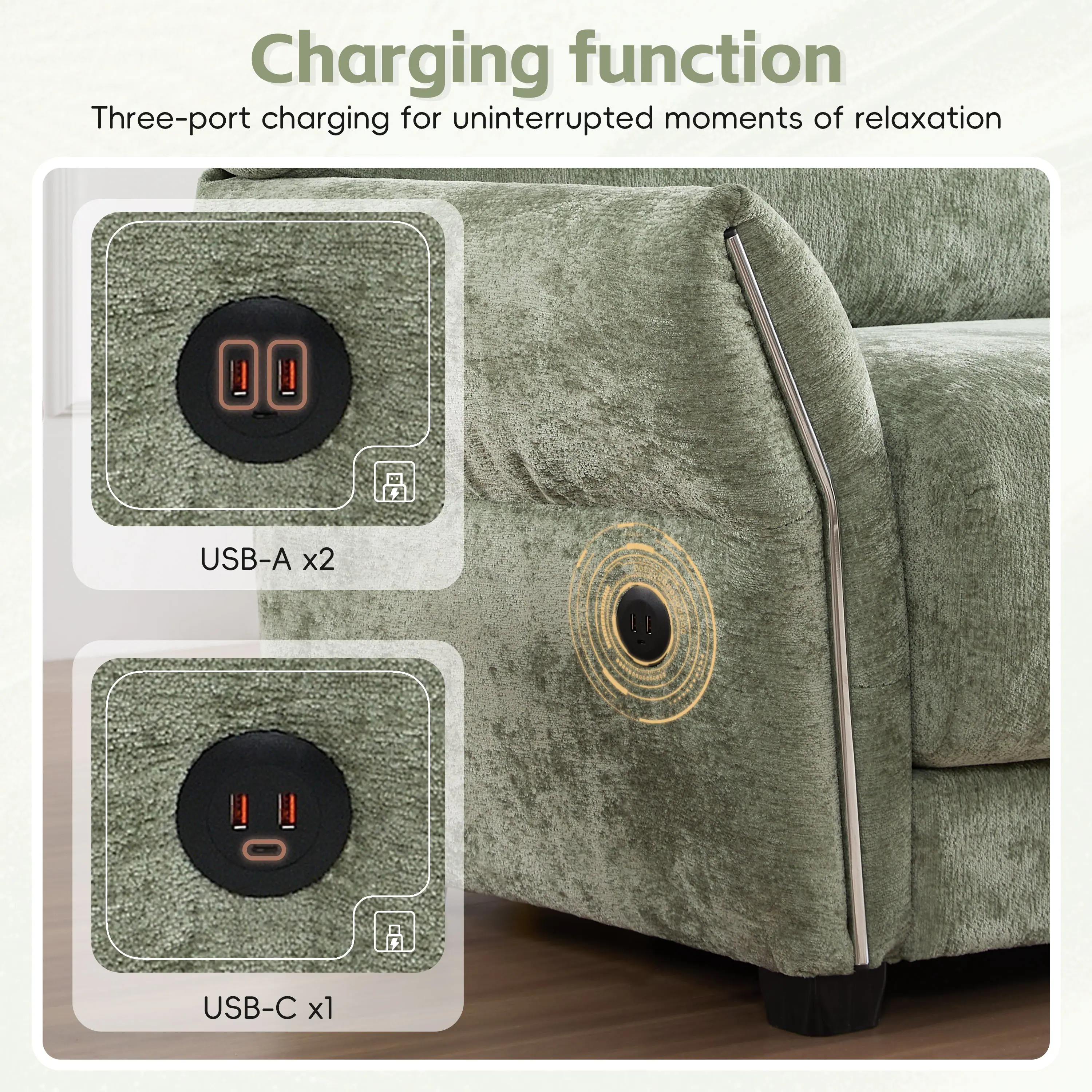 Charging function  
Three-port charging for uninterrupted moments of relaxation  
USB-A x2  
USB-C x1