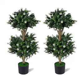Costway - 2 Pack 36" Artificial Double Ball Boxwood Topiary Tree with 41 Blossoms Plastic Pot - Green & Black & White