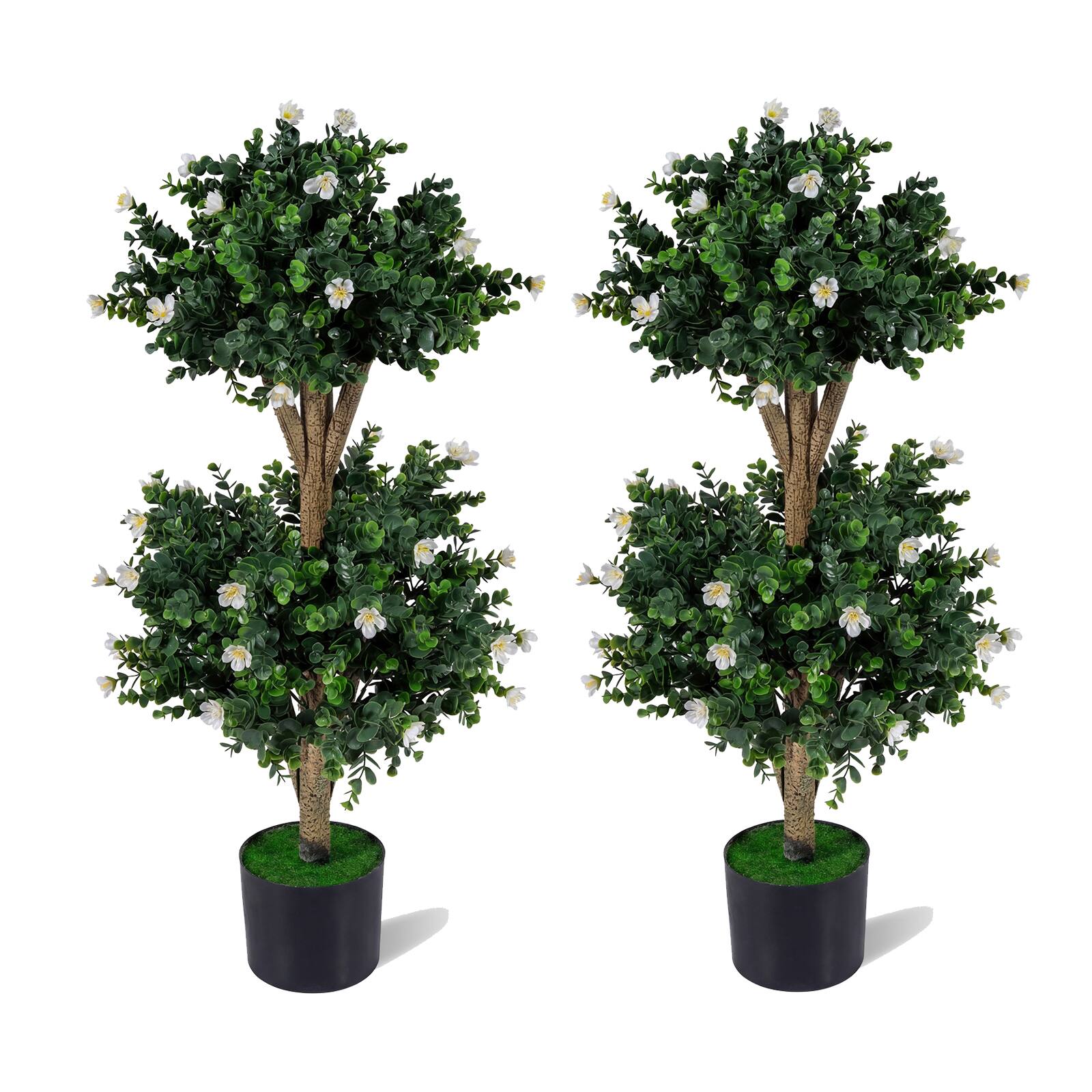 Front. Costway - Costway 2 Pack 36" Artificial Double Ball Boxwood Topiary Tree with 41 Blossoms Plastic Pot - Green & Black & White.