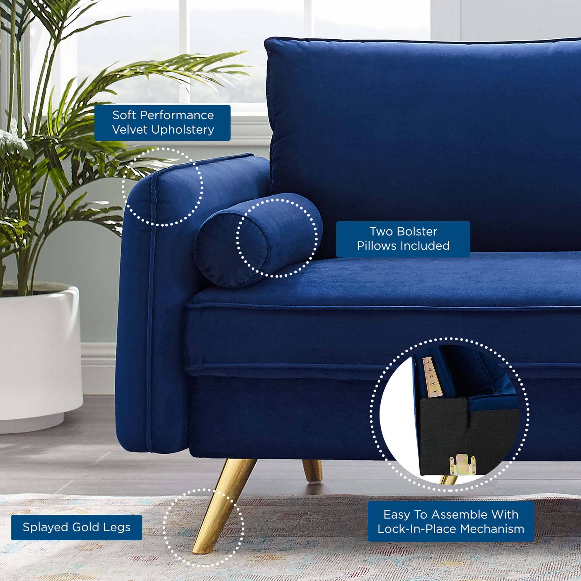 - Soft Performance Velvet Upholstery
- Two Bolster Pillows Included
- Splayed Gold Legs
- Easy To Assemble With Lock-In-Place Mechanism