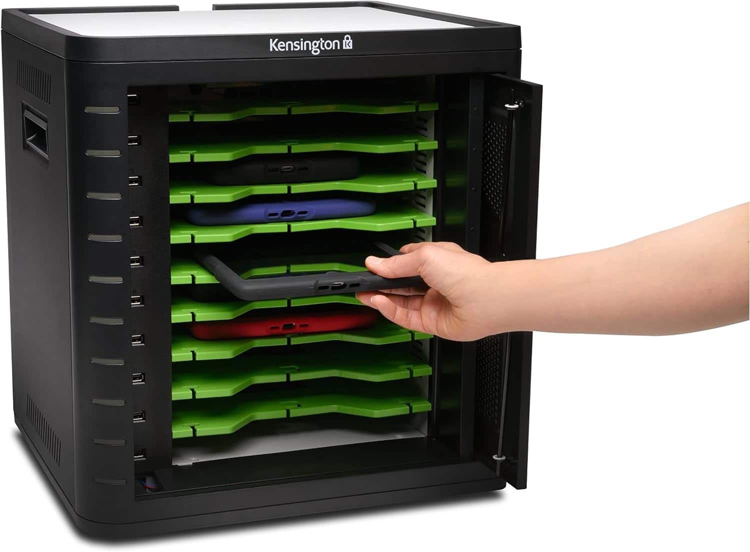 Kensington - K67862AM Charge & Sync Lockable Cabinet for 10 Tablets, Universal iOS/Android, TAA Compliant, Keyed Retracting Door