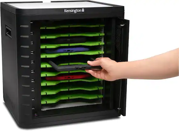 Front. Kensington - K67862AM Charge & Sync Lockable Cabinet for 10 Tablets, Universal iOS/Android, TAA Compliant, Keyed Retracting Door.