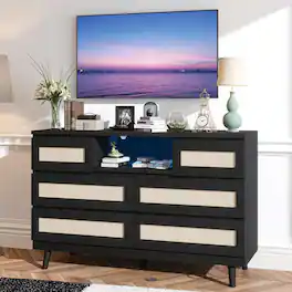 GARVEE - Modern Rattan 6 Drawer Dresser Chest, Wooden Storage with LED Lights and Power Outlets for Bedroom - Black