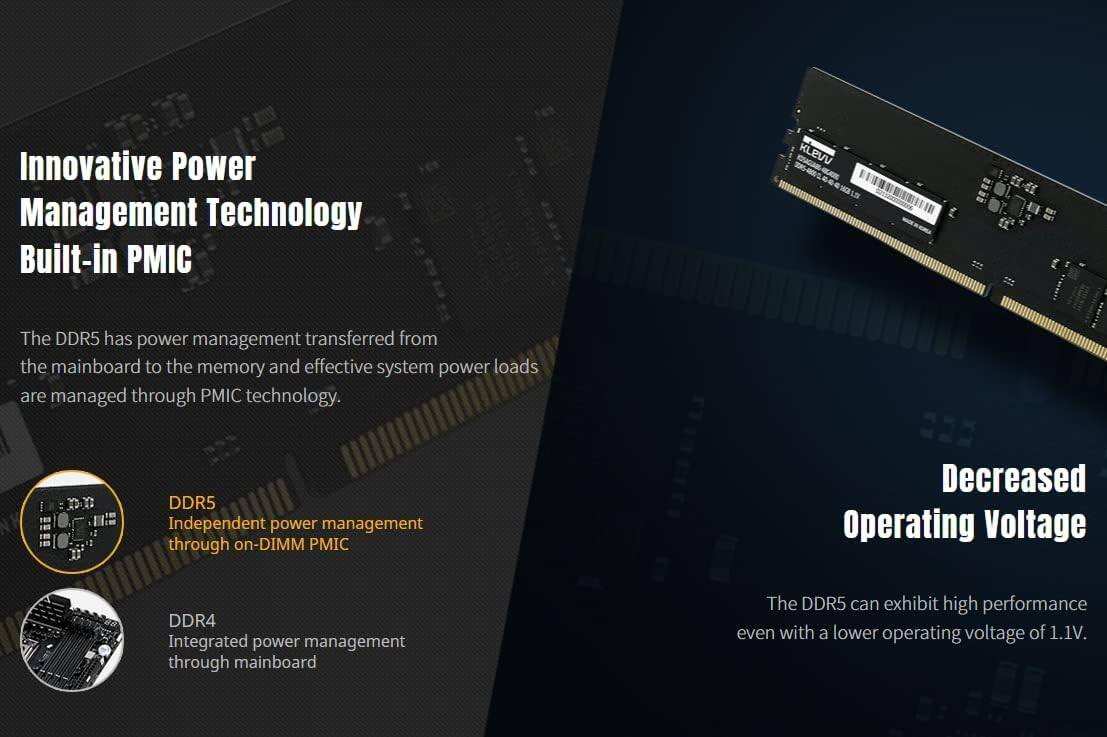 Innovative Power Management Technology Built-in PMIC

The DDR5 has power management transferred from the mainboard to the memory and effective system power loads are managed through PMIC technology.

DDR5
Independent power management through on-DIMM PMIC

DDR4
Integrated power management through mainboard

Decreased Operating Voltage

The DDR5 can exhibit high performance even with a lower operating voltage of 1.1V.
