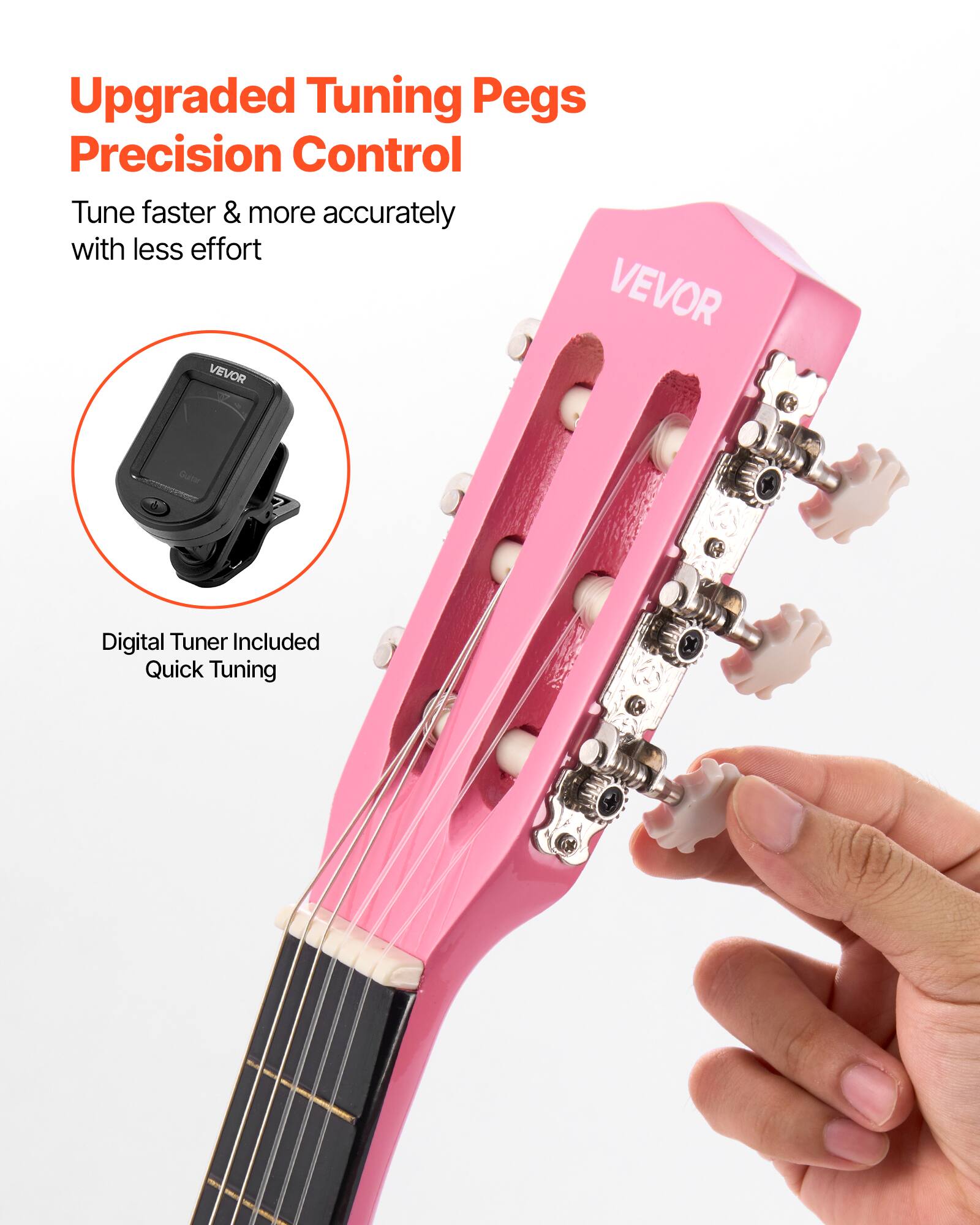 Upgraded Tuning Pegs  
Precision Control  
Tune faster & more accurately with less effort  

VEVOR  

Digital Tuner Included  
Quick Tuning