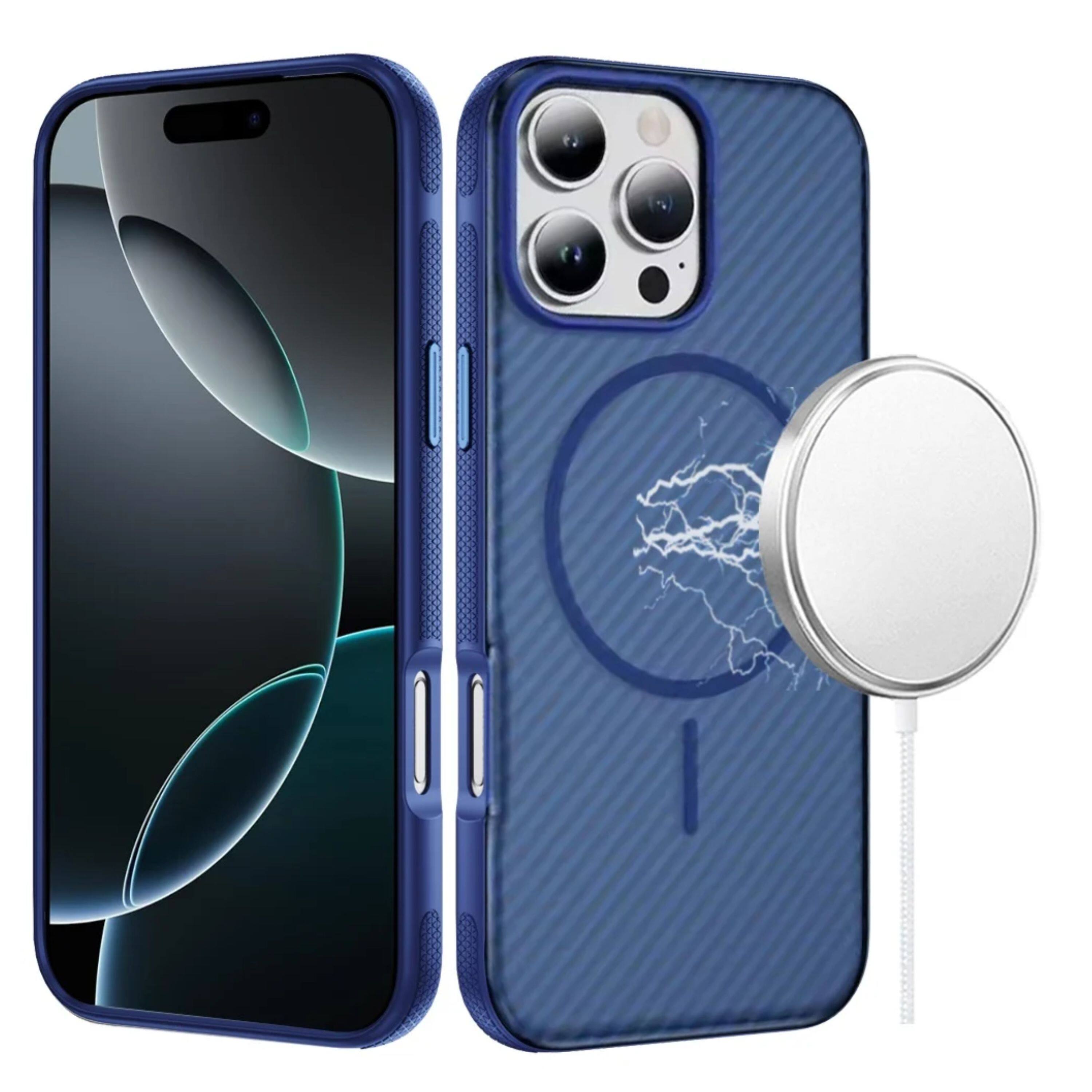 Angle. Kitcheniva - Translucent Carbon Magnetic Circle Phone Case With Tempered Glass For iPhone 16 Pro Max Blue - Blue.