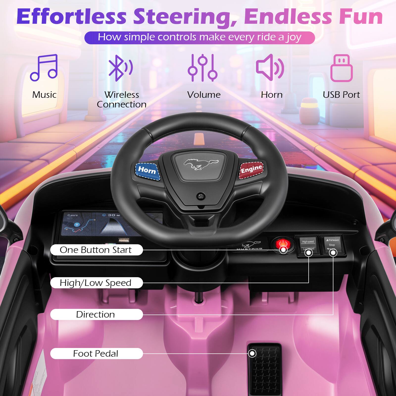 Effortless Steering, Endless Fun  
How simple controls make every ride a joy  

- Music  
- Wireless Connection  
- Volume  
- Horn  
- USB Port  

- One Button Start  
- High/Low Speed  
- Direction  
- Foot Pedal