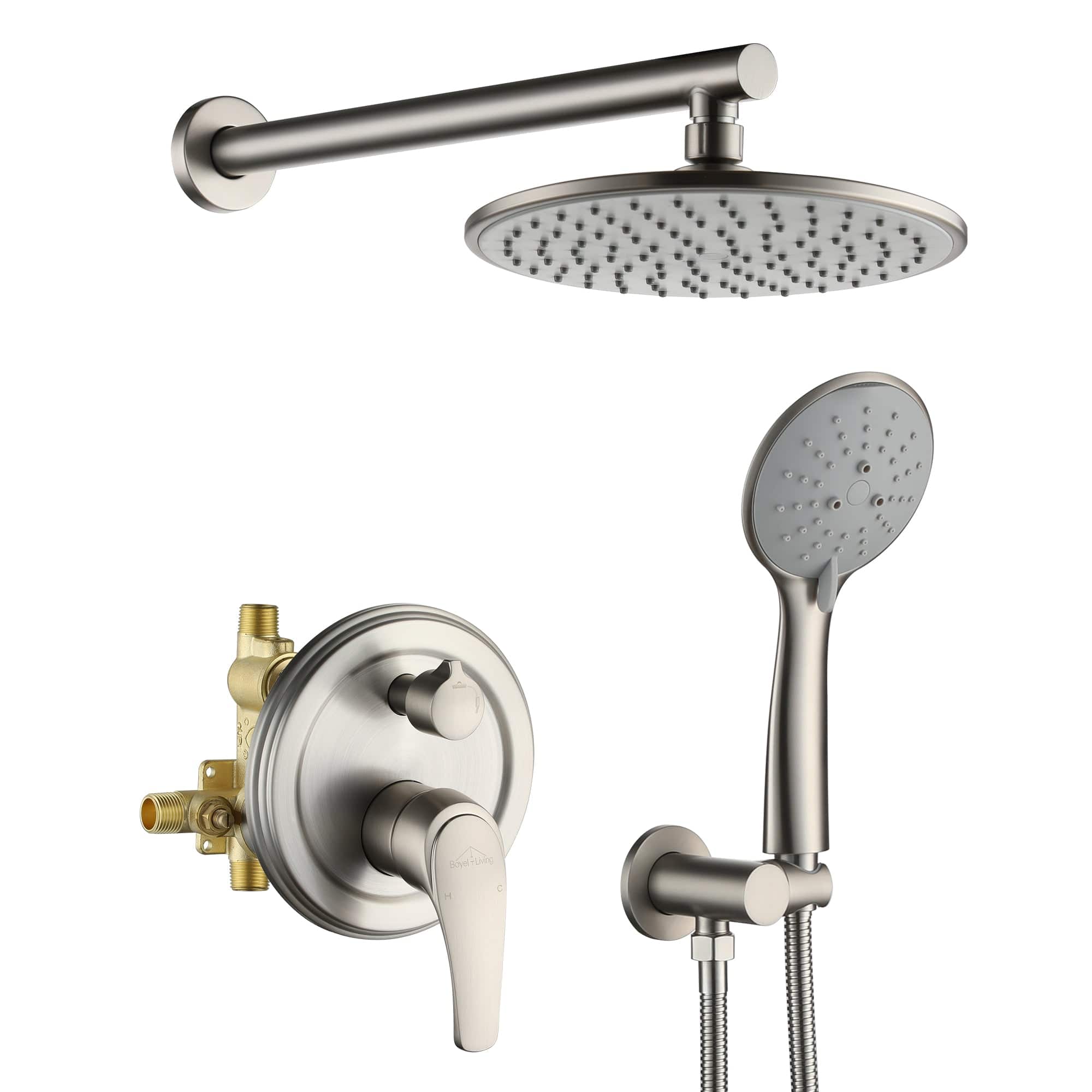 Front. Boyel Living - 5-Spray Patterns with 2.4 GPM 9 in. Wall Mount Dual Shower Heads with Valve Included in Brushed Nickel - Brushed Nickel.