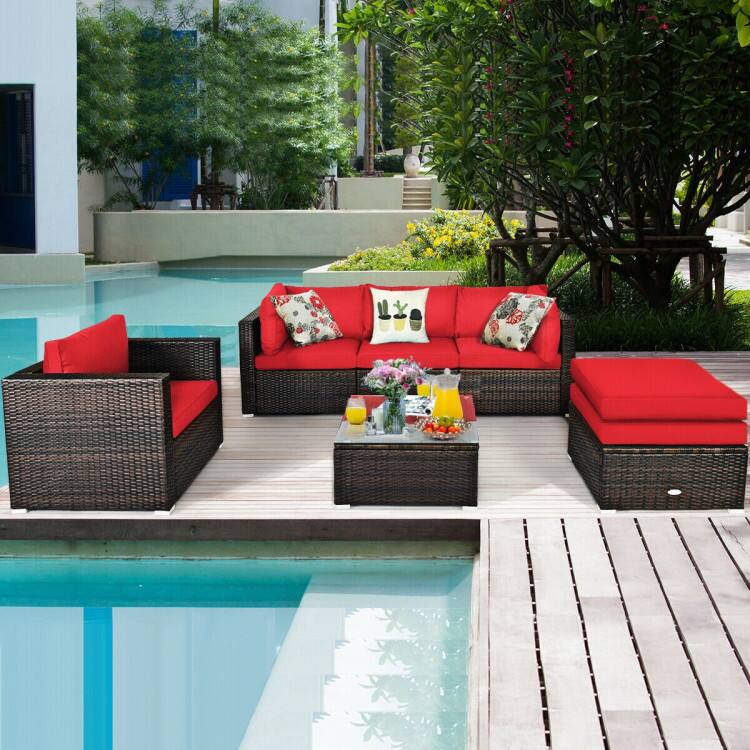 Left. SlickBlue - Patio 6-Piece Wicker Rattan Furniture Set with Soft Sectional Cushions - Red.