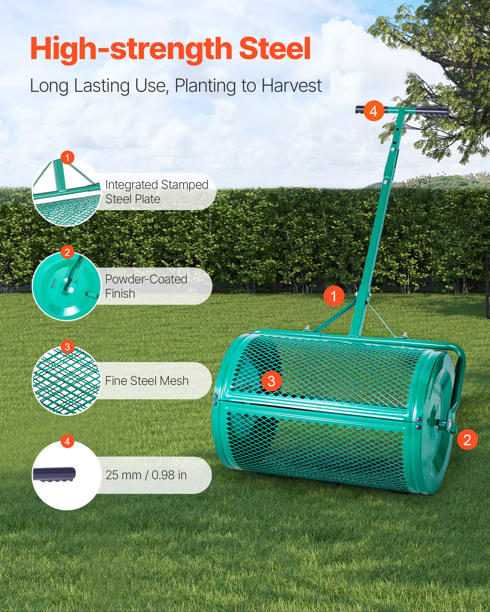 High-strength Steel  
Long Lasting Use, Planting to Harvest  

1. Integrated Stamped Steel Plate  
2. Powder-Coated Finish  
3. Fine Steel Mesh  
4. 25 mm / 0.98 in