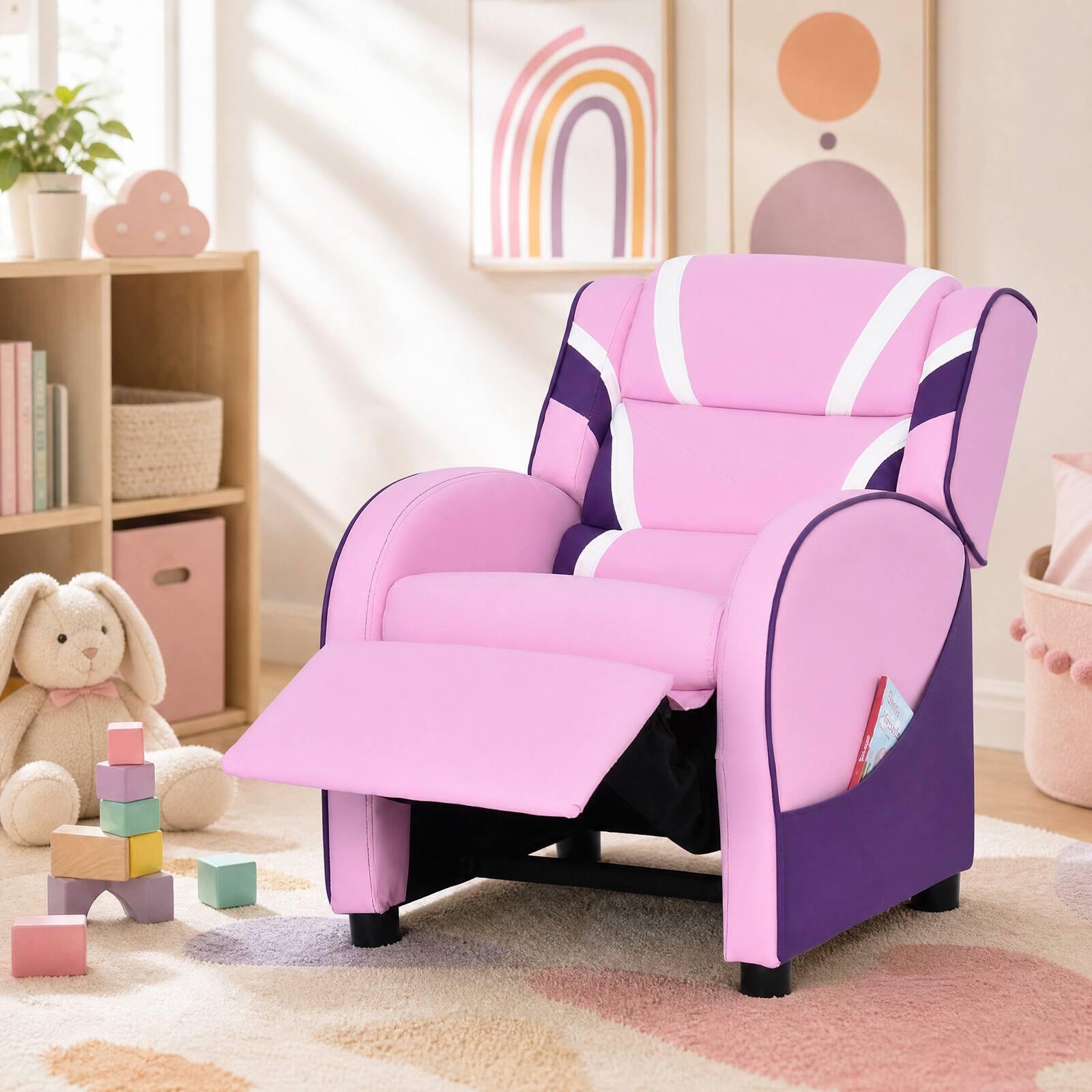 Alt View 3. Costway - Kids Recliner Chair Gaming Sofa PU Leather Armchair w/Side Pockets Pink - Pink.