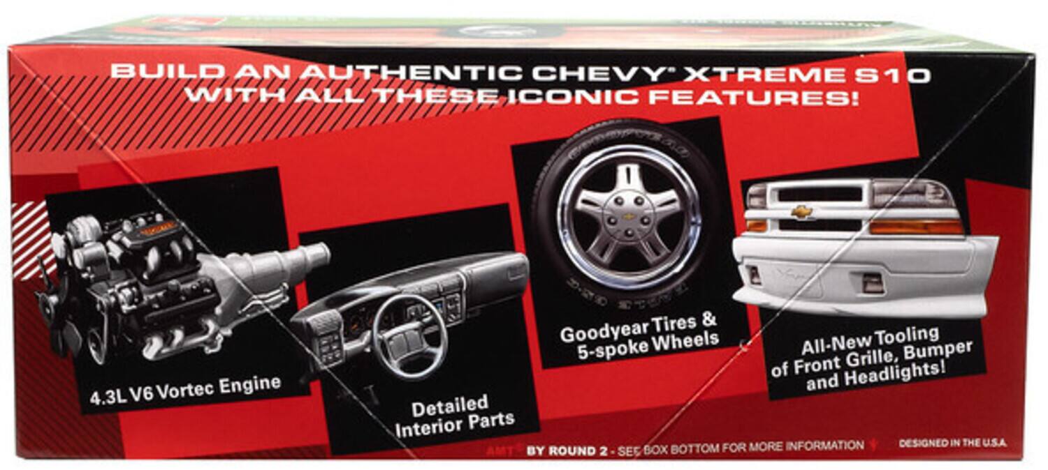 BUILD AN AUTHENTIC CHEVY XTREME S10 WITH ALL THESE ICONIC FEATURES!  
4.3L V6 Vortec Engine  
Tires & Goodyear Wheels  
All-New Tooling  
5-spoke Grille, Bumper, and Headlights!  
Detailed Interior Parts  
MORE INFORMATION  
DESIGNED IN THE U.S.A. BY ROUND 2  
SEE BOX BOTTOM FOR MORE INFORMATION