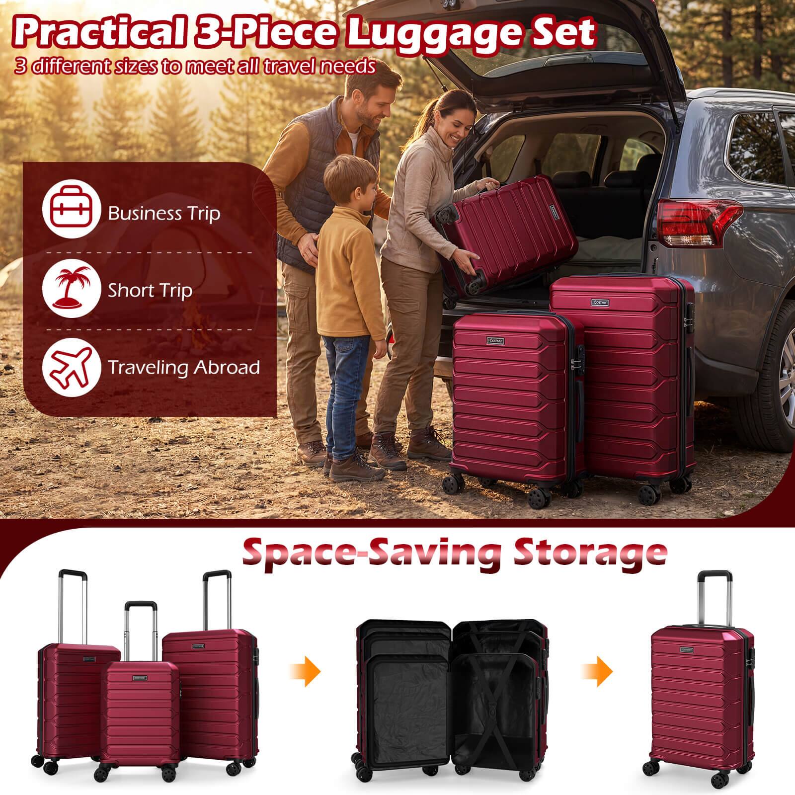Practical 3-Piece Luggage Set  
3 different sizes to meet all travel needs  

- Business Trip  
- Short Trip  
- Traveling Abroad  

Space-Saving Storage