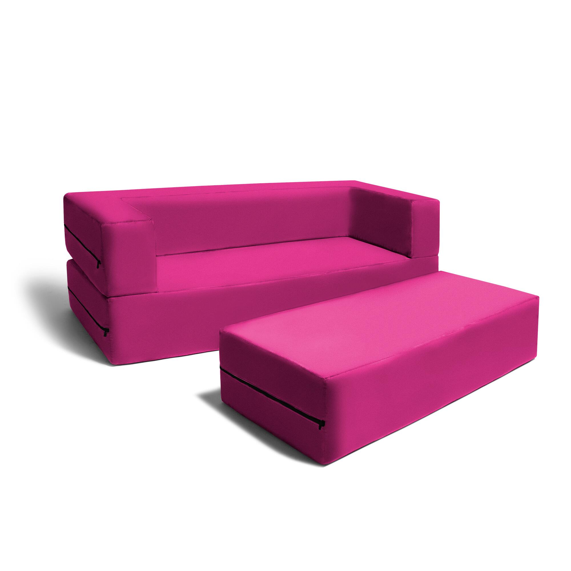 Front. Jaxx - Jaxx Zipline Kids Sofa & Large Ottoman, 3 in 1 Fold Out Sofa, Big Kids Edition, Fuchsia - Fuchsia.