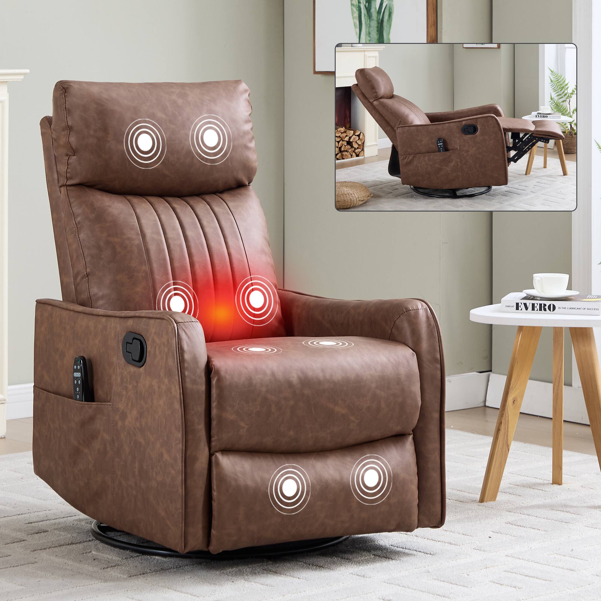 Angle. LUCKY ONE - Faux Leather Manual Recliner Chair with 360° Swivel, Rocker, Massage and Lumbar Heat - Brown.