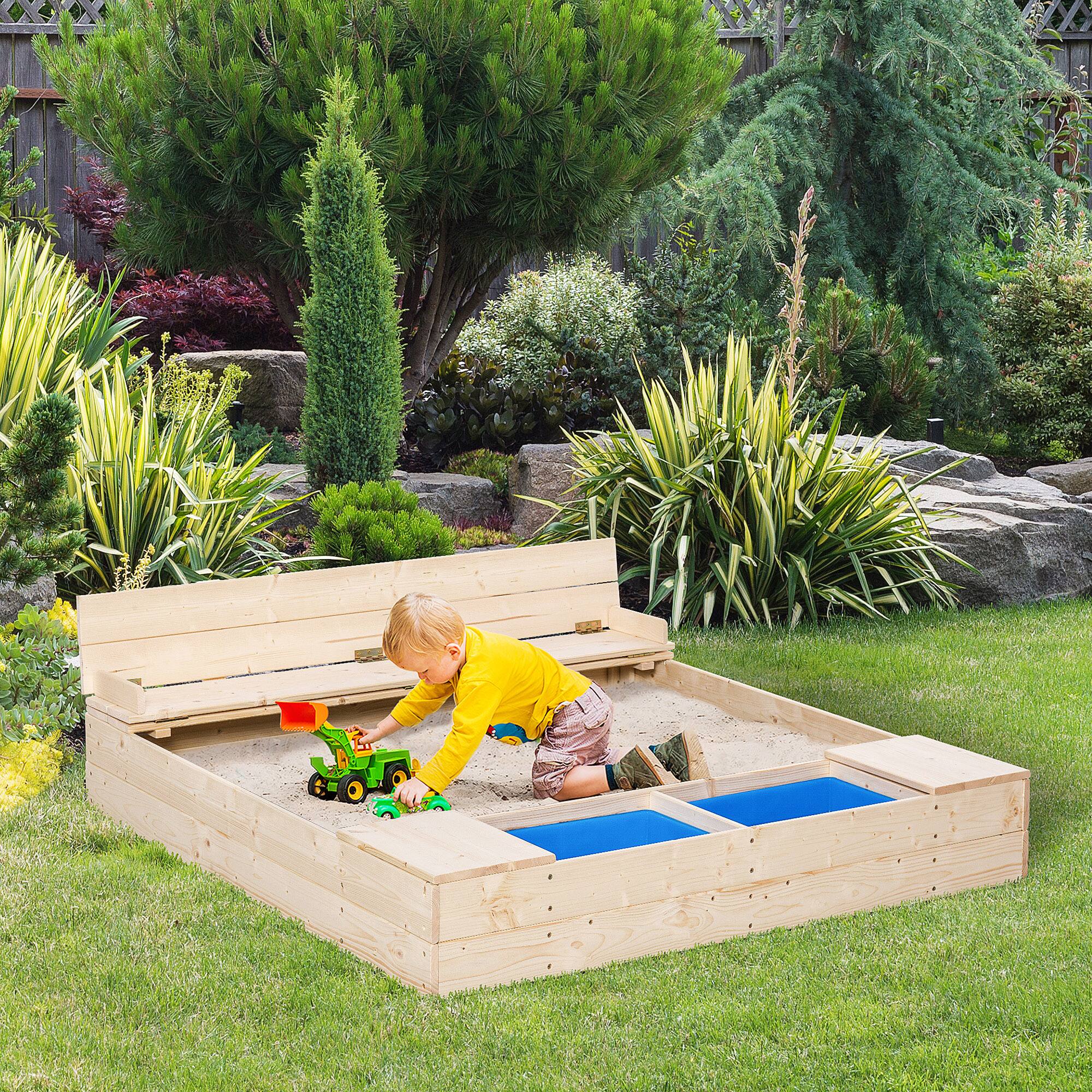 Angle. Outsunny - Kids Wooden Sandbox, Two Plastic Boxes, Foldable Bench Seat, Waterproof Cover, Bottom Liner, Storage Space.