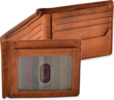 Front. Vulpecula Spade - RFID Blocking Bifold Wallets, Brown Full Grain Leather Credit Card Wallet with 2 ID Windows Premium Security - Rustic Brown.