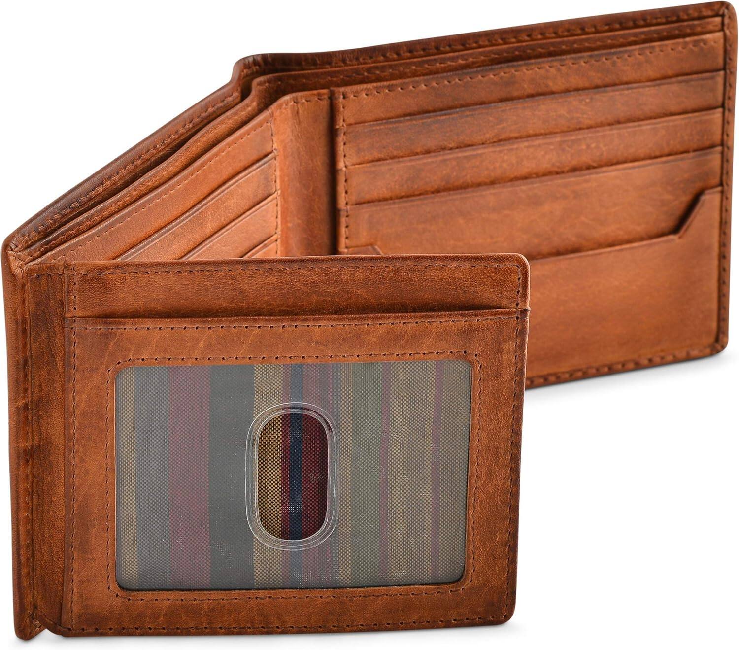 Front. Vulpecula Spade - RFID Blocking Bifold Wallets, Brown Full Grain Leather Credit Card Wallet with 2 ID Windows Premium Security - Rustic Brown.