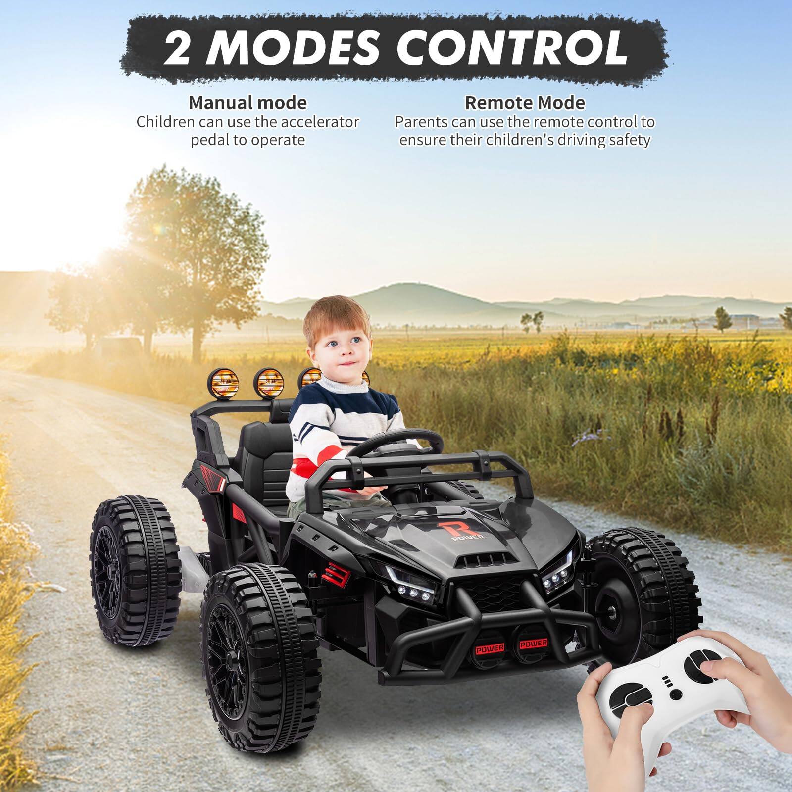 2 MODES CONTROL

Manual mode  
Children can use the accelerator pedal to operate

Remote Mode  
Parents can use the remote control to ensure their children's driving safety